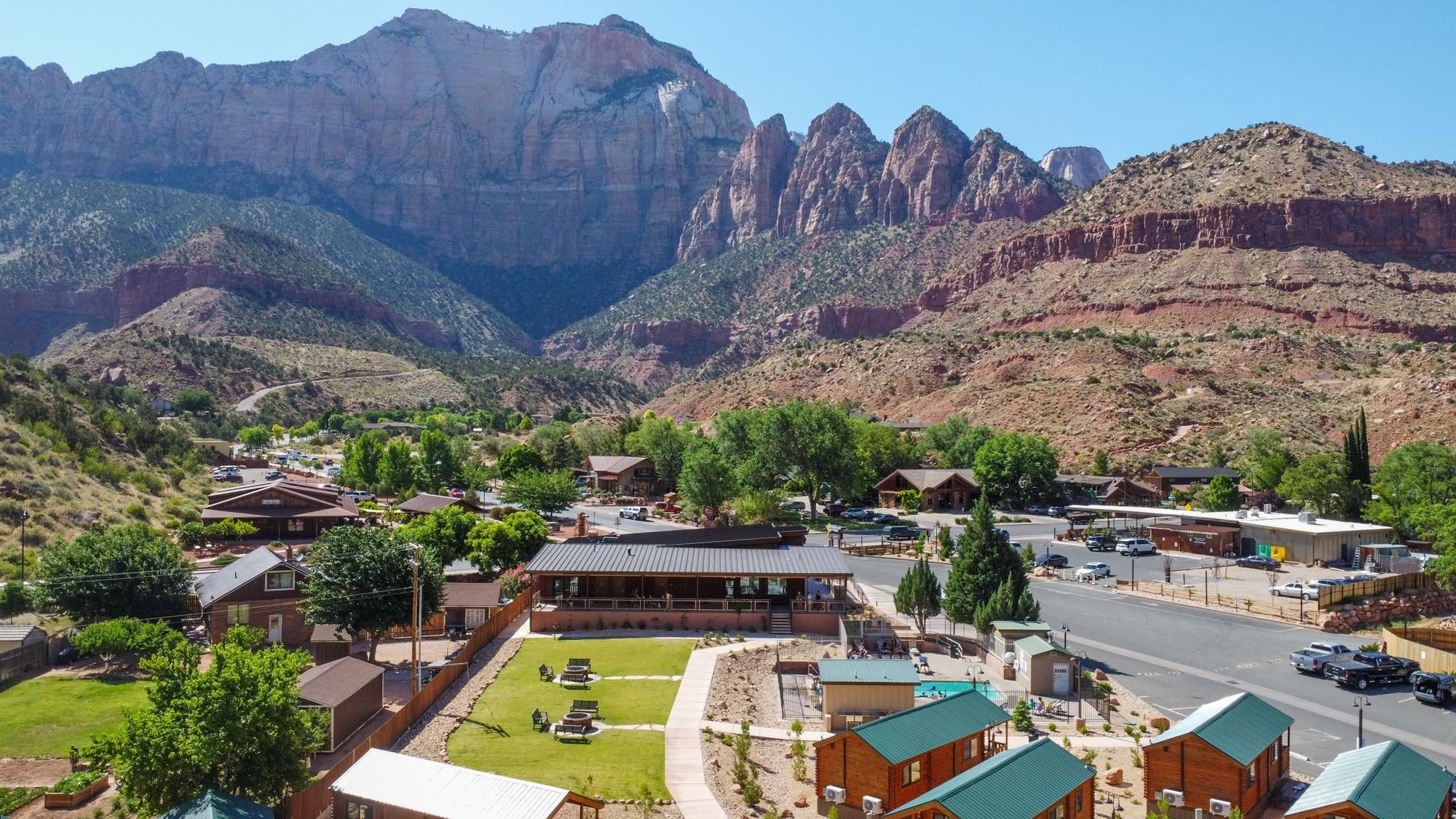 Aerial view of the Zion corridor in Springdale, Utah